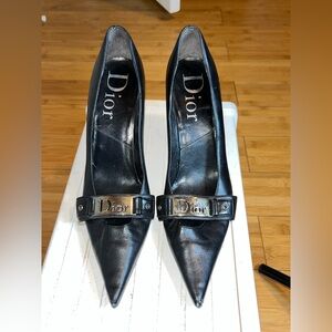 Dior Women's Black Leather Heels with Silver Accents VTG